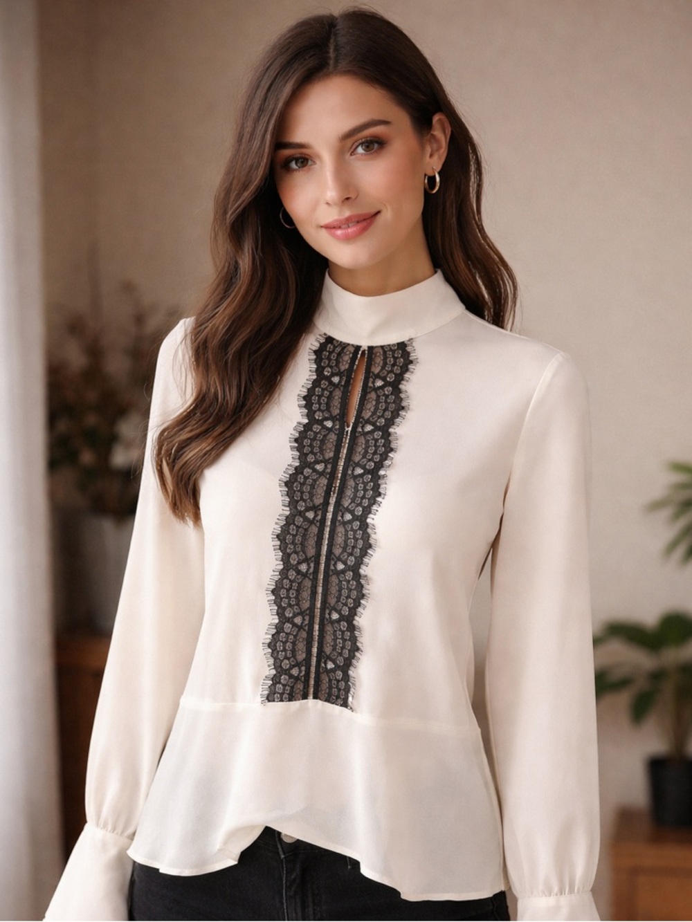 Zara Black Lace Keyhole Blouse